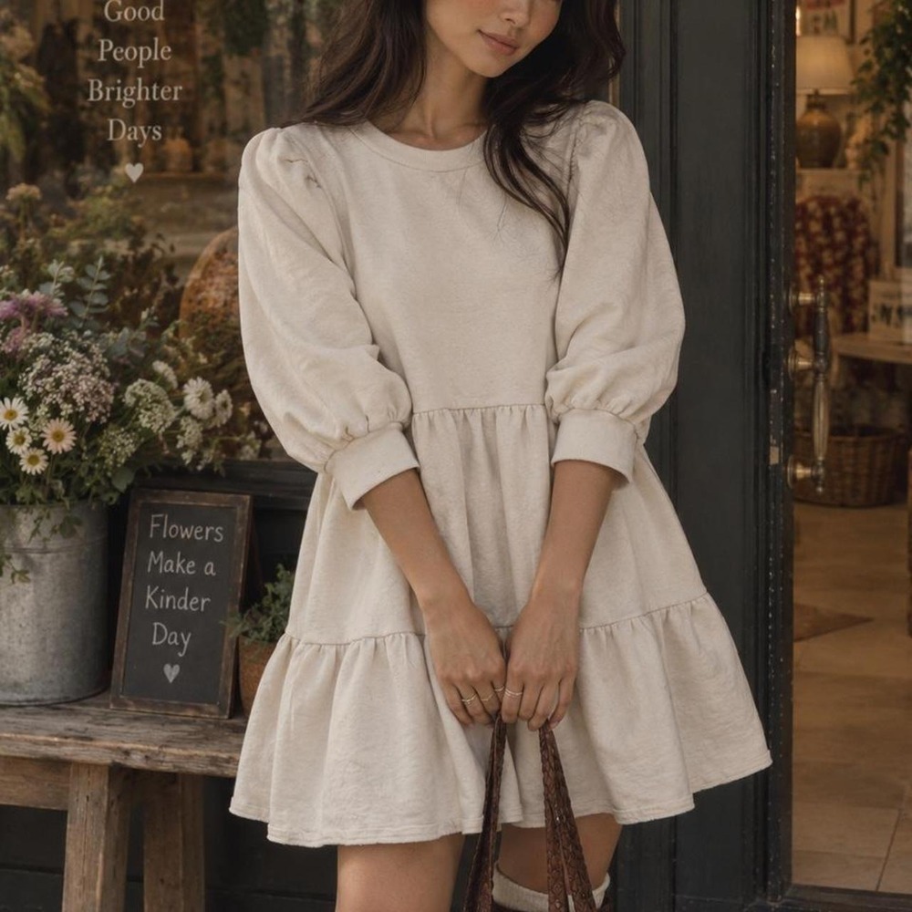 Anthropology Sweater Dress Bubbles Sleeve Cream Size Small